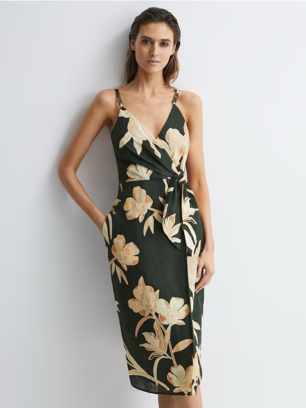 NEW Reiss Alice Floral Wrap Midi Dress in Dark Green, Size 8